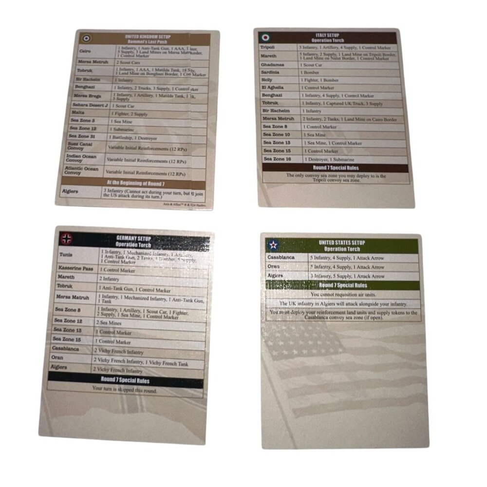 Hasbro Axis and Allies North Africa Board Game Country Cards Repalcement Parts